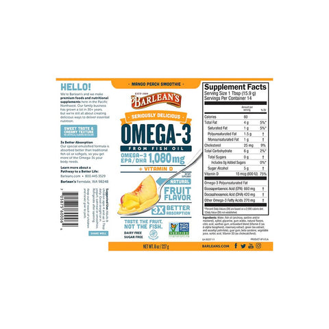 Barlean's Seriously Delicious Omega-3 Fish Oil Mango Peach Smoothie (8oz-16oz)
