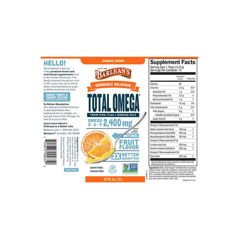 Barlean's Seriously Delicious Total Omega Orange Creme (8oz-16oz)