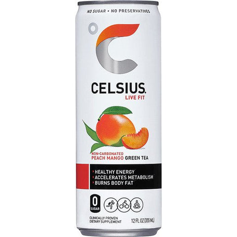 Celsius Fizz-Free Peach Mango Green Tea 12oz Can Sparkling Energy Drink