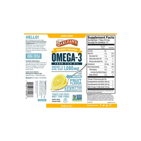 Barlean's Seriously Delicious Omega-3 Fish Oil Lemon Crème (8oz-16oz)